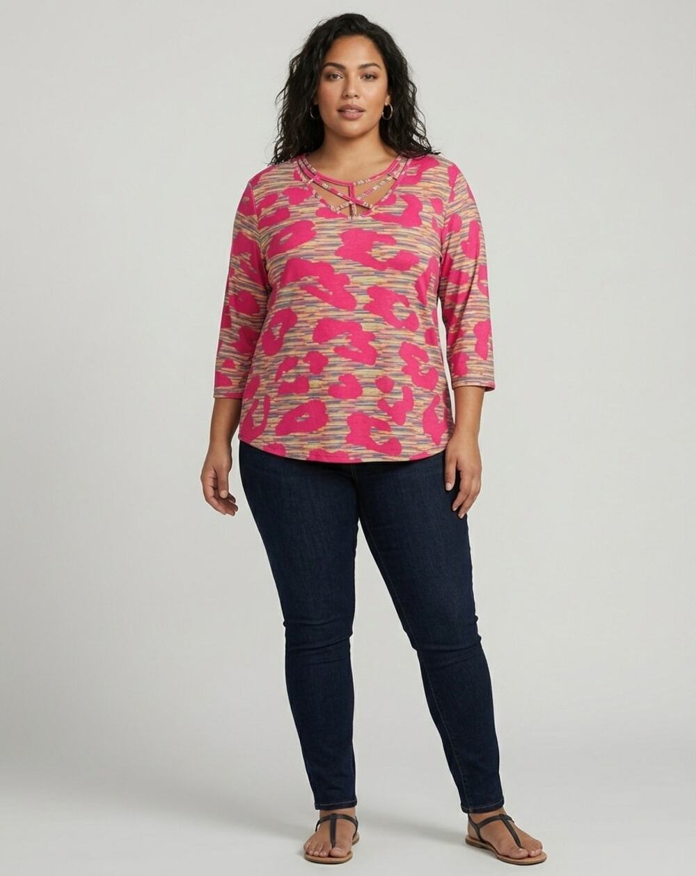 Southern Stitched Tunic Top XXL Pink Animal Print Lattice Strappy V-Neck Casual